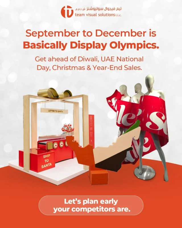 The last quarter of the year is a display battlefield.
While others rush, smart brands have begun to build.

Let’s get ahead of Diwali, UAE National Day, Christmas, and the sale season, with a display that doesn’t just fit in, but stands out.
Planning starts now. Let’s discuss?
📱+971 52 778 1260
💻info@teamvisualsolutions.com

الربع الأخير من السنة هو ساحة معركة للعرض.
 بينما يندفع الآخرون، العلامات التجارية الذكية بدأت بالفعل في البناء.
لنكن مستعدين لمواسم الديوالي، واليوم الوطني الإماراتي، والكريسماس، وموسم التخفيضات، مع عرض لا يندمج فحسب، بل يبرز ويتألق.
 التخطيط يبدأ الآن. هل نناقش التفاصيل؟
 📱+971 52 778 1260
 💻info@teamvisualsolutions.com

[Team Visual Solutions, Dubai, Riyadh, Visual Excellence, Custom Displays, Bespoke Designs, Creative Solutions, Display Innovation, Sculpture Art, Kiosk Design]
Planning starts now. Let’s discuss.
