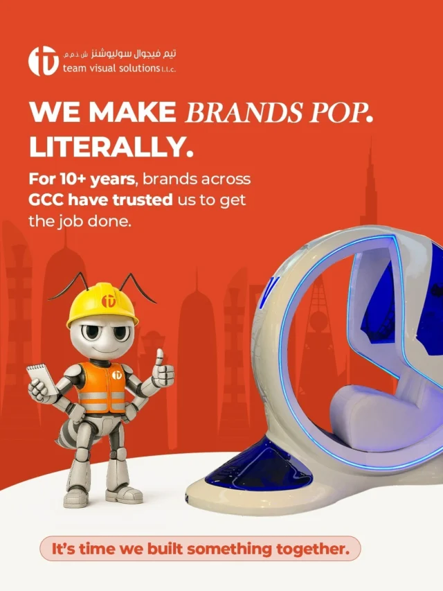 From mall displays to trade show stunners, we bring your brand to life. For more than 10 years, brands across the GCC have trusted Team Visual Solutions to build what they imagine.
Ready to make your next build unmissable?
Let’s talk today. 
📱+971 52 778 1260
💻info@teamvisualsolutions.com

من عروض المراكز التجارية إلى أجنحة المعارض المبهرة، نحن نجسّد علامتك التجارية.
 لأكثر من 10 سنوات، وثقت بنا العلامات التجارية في جميع أنحاء دول مجلس التعاون الخليجي لتحويل أفكارهم إلى واقع.
 هل أنت مستعد لجعل مشروعك القادم لا يُنسى؟
 لنتحدث اليوم.
 📱+971 52 778 1260
  info@teamvisualsolutions.com 💻

[Team Visual Solutions, Dubai, Riyadh, Visual Excellence, Custom Displays, Bespoke Designs, Creative Solutions, Display Innovation, Sculpture Art, Kiosk Design]