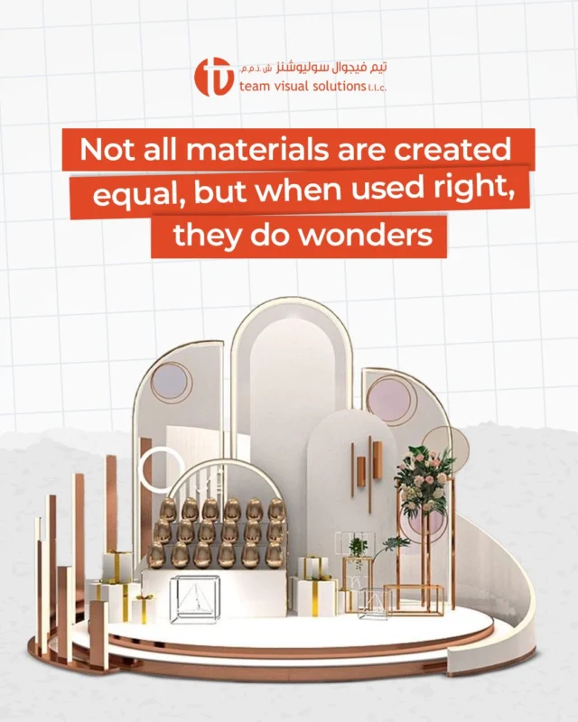 From sleek acrylic to bold aluminium, each material tells a story.
Discover how we choose the perfect combo for your brand’s wow factor.

من الأكريليك العصري إلى الألمنيوم المتين، كل مادة تروي قصة.
اكتشف كيف نختار المزيج المثالي ليمنح علامتك تأثيراً مدهشاً.

[Team Visual Solutions, Dubai, Riyadh, Visual Excellence, Custom Displays, Bespoke Designs, Creative Solutions, Display Innovation, Sculpture Art, Kiosk Design]