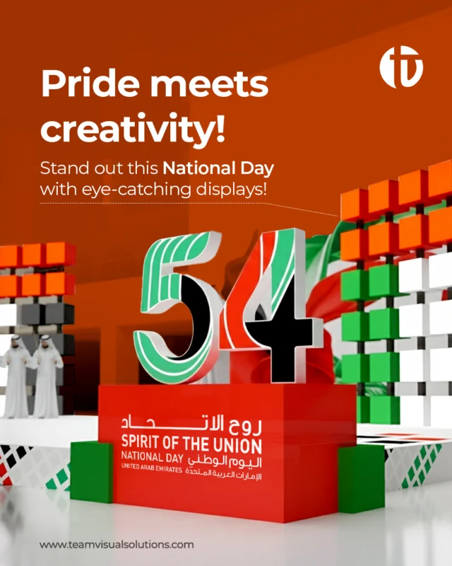 Pride in every detail!

Celebrate UAE National Day with displays that turn heads, engage customers, and showcase your brand with patriotism and style.

Let’s create your standout display!
فخر في كل تفصيلة
احتفل باليوم الوطني لدولة الإمارات مع عروض تبهر الأنظار، تجذب العملاء، وتبرز علامتك بروح وطنية وأسلوب مميز.
لنبتكر معًا عرضك المميز!
[Team Visual Solutions, Dubai, Riyadh, Visual Excellence, Custom Displays, Bespoke Designs, Creative Solutions, Display Innovation, Sculpture Art, Kiosk Design, Creative Displays]