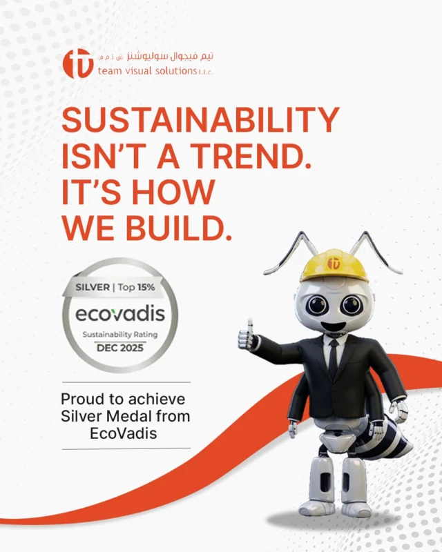 Proud to achieve the EcoVadis Silver Medal 

Team Visual Solutions LLC has successfully completed the EcoVadis sustainability assessment, demonstrating strong management systems across Environment, Ethics, Labor & Human Rights, and Sustainable Procurement.

This recognition reflects our ongoing commitment to responsible practices and building better — for our partners, our people, and the future.

Thank you to our team for making this possible.
Here’s to a more impactful year ahead.

#SustainableBusiness #EcoVadis #ResponsibleFabrication #TeamVisualSolutions #BuiltResponsibly